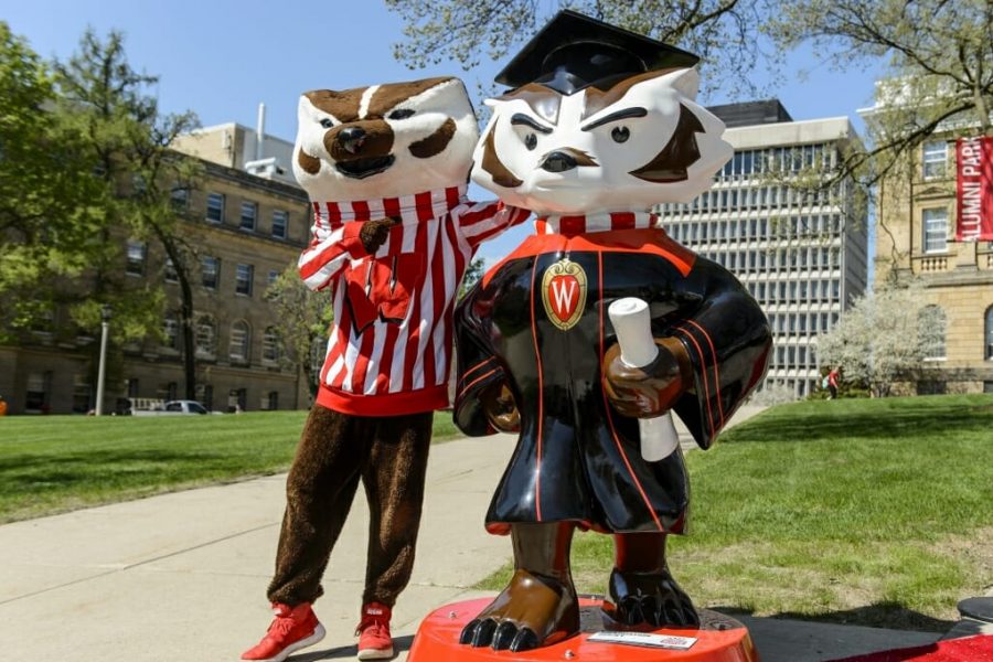 A person in a Bucky Badger costume standing with a Bucky Badger statue on the UW-Madison Campus.